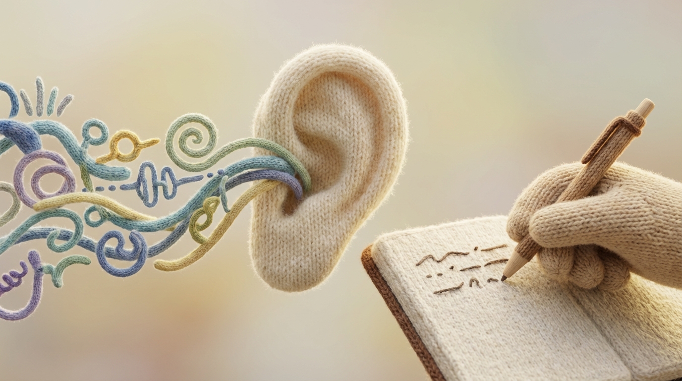 A large, stylized ear in the foreground, slightly tilted, with gentle sound waves flowing into it. From the other side, a hand holds a pen, diligently writing notes in an open notebook. The sound waves are composed of various abstract symbols and gentle colors, representing diverse feedback. The overall mood is calm and attentive, with a focus on reception and thoughtful processing. Soft, muted colors dominate, with the writing hand and notebook being slightly more defined, emphasizing the importance of listening and recording.