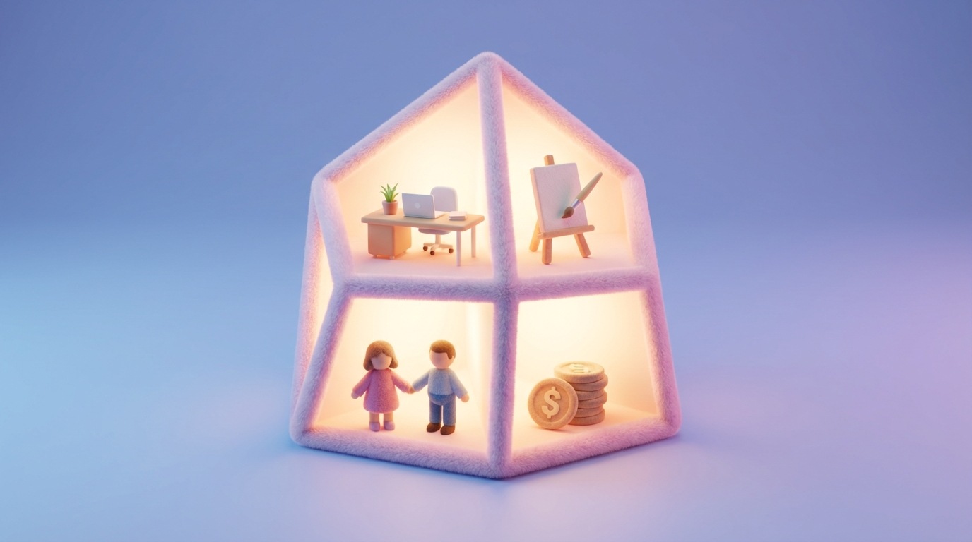 A multi-faceted crystal prism, with each facet reflecting a different aspect of a customer's life: one facet shows a professional setting, another a personal hobby, a third a family scene, and a fourth a financial symbol. The prism is glowing softly, emphasizing the depth and complexity of understanding a buyer persona beyond basic demographics. The background is a subtle gradient of blues and purples, creating a thoughtful atmosphere.