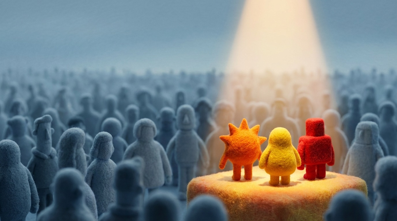 A wide, expansive landscape with a clear visual contrast between foreground and background. In the far background, a vast, indistinct crowd of abstract, monochromatic figures blends into a hazy, muted horizon, representing a broad, undifferentiated market. In the immediate foreground, a small, distinct cluster of three to four abstract, brightly colored figures stands out sharply, each with unique, simple shapes, positioned on a slightly elevated, subtly glowing platform. A focused light emanates from above, illuminating only these foreground figures. The color palette for the foreground is warm and inviting, with rich yellows, oranges, and soft reds, while the background maintains cool, desaturated tones. The mood is one of clarity, precision, and targeted focus.