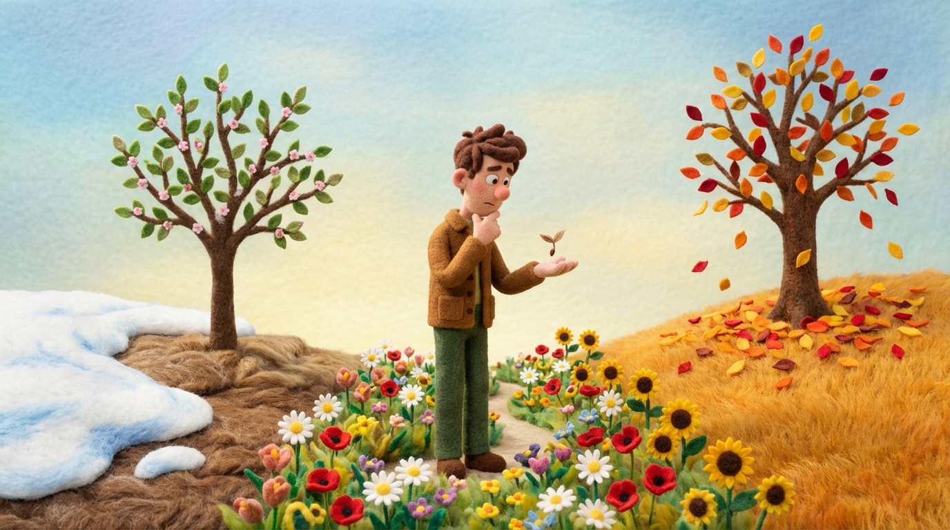 A panoramic landscape showing different seasons subtly blending into each other: a patch of melting snow, a budding tree, a field of summer flowers, and autumn leaves falling. In the center, a person is observing these changes with a thoughtful expression, holding a small, delicate seed in their hand, contemplating where to plant it for future growth. Soft, natural light.