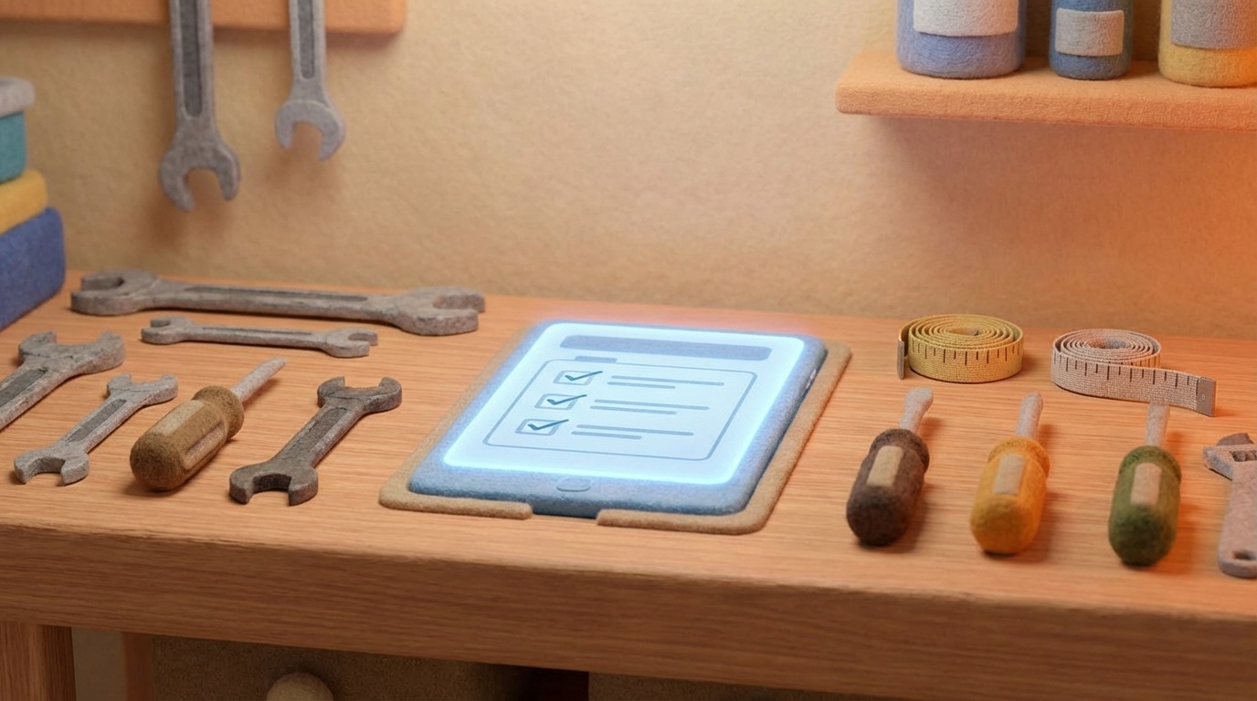 A workbench covered with various stylized tools, such as different sized wrenches, screwdrivers, and measuring tapes, all rendered in a clean, illustrative style. One specific tool, perhaps a modern, sleek digital tablet displaying a survey form, is glowing brightly and perfectly fits into a designated slot, symbolizing the right choice. The background is soft and inviting, with warm, neutral tones.