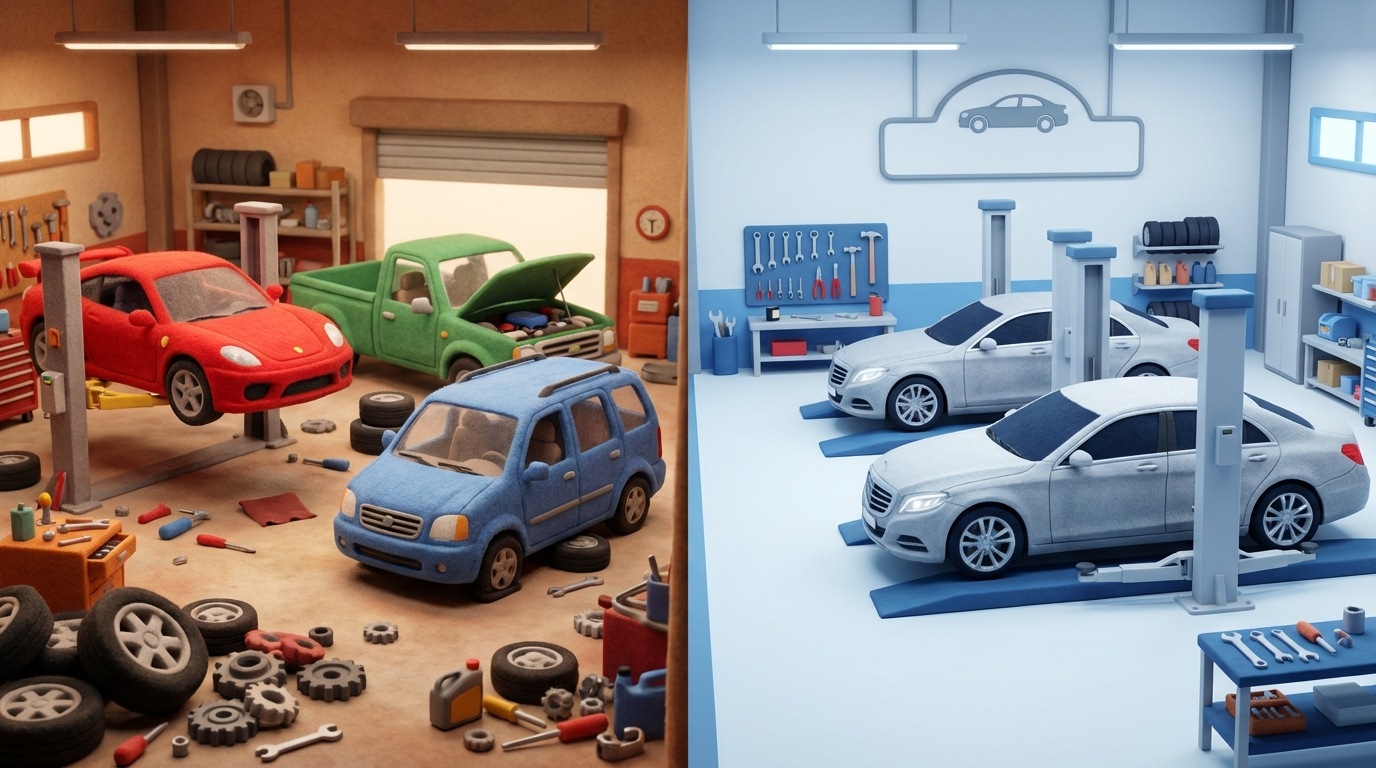 A split image. On the left, a chaotic scene of a mechanic's garage filled with diverse vehicles: a sleek sports car, a rugged pickup truck, and a family minivan, all under repair simultaneously. On the right, a clean, organized garage clearly specializing in one type of vehicle, perhaps with a sign indicating «Luxury Sedans Only.» The color palette contrasts the cluttered, warm tones of the left with the clean, cool tones of the right, highlighting the difference between broad and focused service.