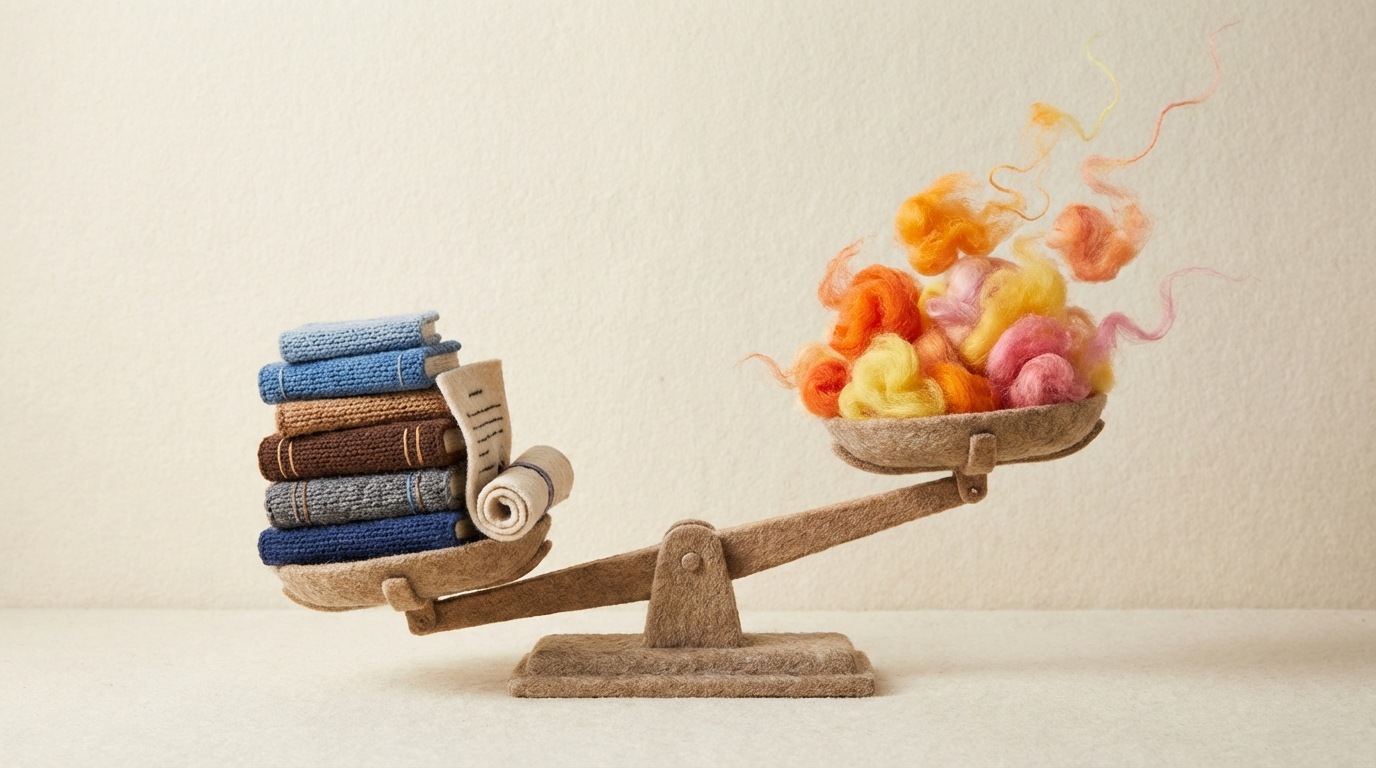 A balanced scale with two distinct sides. On one side, a heavy, solid block labeled "Reliable Information," composed of neatly stacked books and a data report, is firmly grounded. On the other side, a light, airy cluster of floating, whimsical shapes labeled "Hype" appears to be quickly dissipating into thin air. The scale is clearly tipped towards "Reliable Information," visually demonstrating its greater weight and stability. The background is clean and uncluttered, designed to highlight the central message. The colors are calm and trustworthy on the "reliable" side, with ephemeral, bright splashes on the "hype" side.