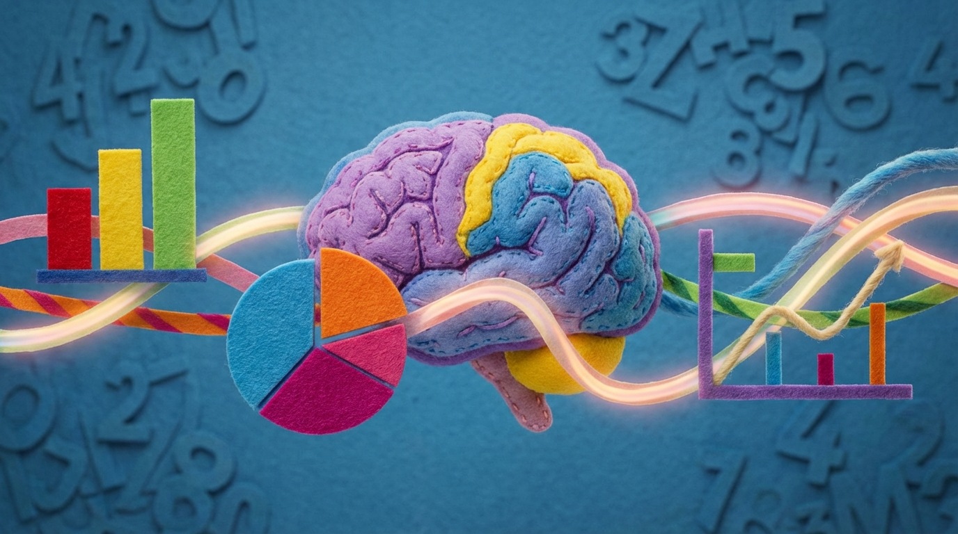 A stylized, abstract depiction of a brain with various interconnected visual elements flowing into it: simplified icons of a bar chart, a pie chart, and a line graph. These elements are vibrant and clear, contrasting with a background of faint, jumbled numbers and text. The visual flow from the graphics to the brain is smooth, suggesting rapid processing. The color scheme is bright and engaging, emphasizing ease of understanding.