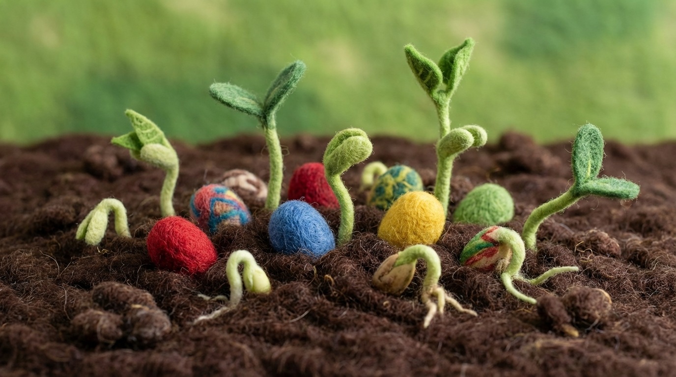 A cluster of diverse, colorful seeds embedded in fertile soil, each starting to sprout in a slightly different direction or form. Some sprouts are tiny, others are a bit larger, showing varied stages of growth and exploration. The soil is rich and dark, suggesting a supportive environment. The background is simple, perhaps a soft, blurred green. The mood is one of potential and quiet, continuous innovation. Viewed from a low angle, emphasizing the emerging life.