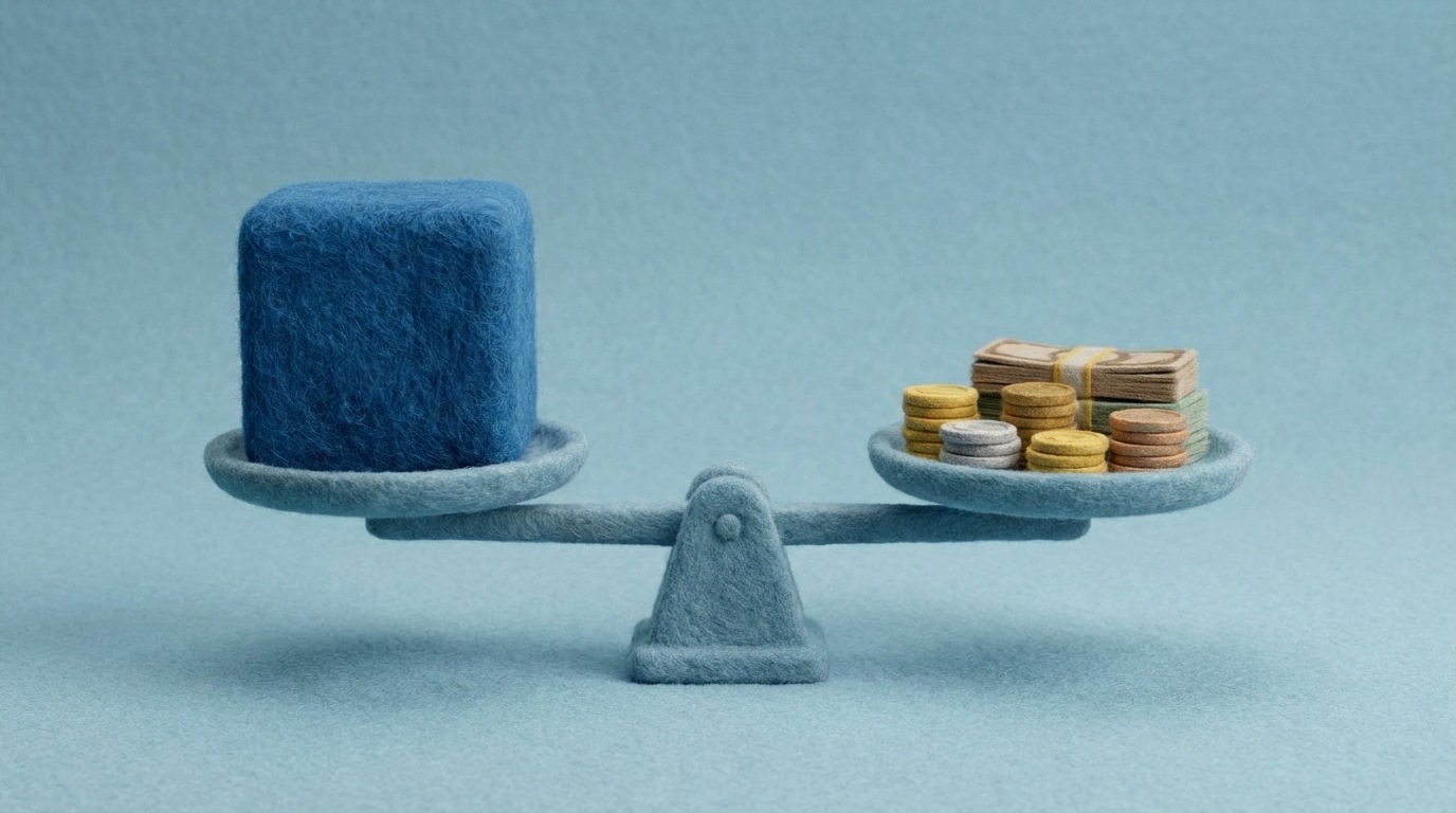 A stylized scale with two pans. On the left pan, a large, heavy block labeled "Goals" is weighing it down significantly. On the right pan, a collection of smaller, precisely placed coins and stacks of currency, labeled "Investments," perfectly balances the scale. The background is a clean, minimalist space, emphasizing balance and precision. The colors are muted, with the 'Goals' block in a deep blue and the 'Investments' coins in subtle gold and silver, conveying careful allocation.