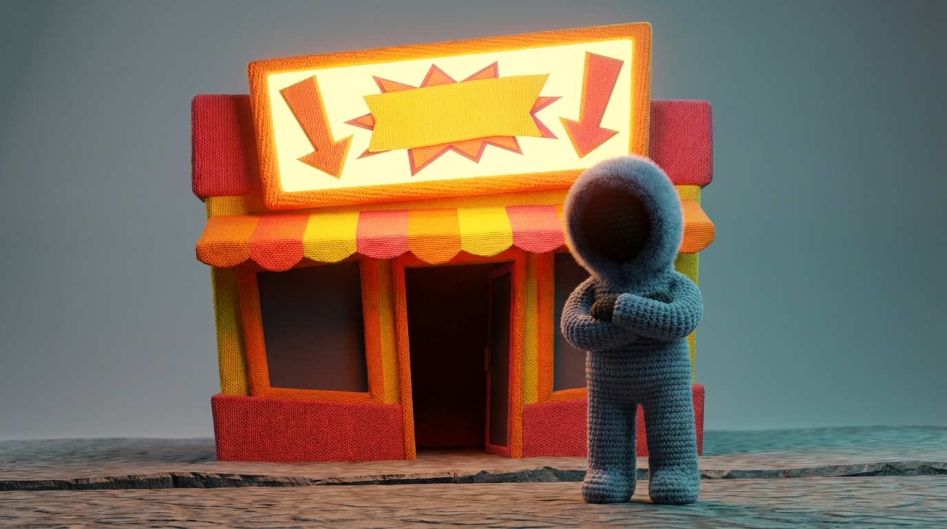 A potential customer, represented by a silhouette or an abstract figure, stands before a storefront with a large, bright "LOW PRICE" sign. The customer's posture is one of suspicion, with arms crossed and a questioning tilt of the head. Shadows are cast over the customer's face, emphasizing doubt. The storefront itself looks slightly off-kilter or too gaudy, suggesting something is amiss. The color palette is cool and muted around the customer, contrasting with the harsh, bright, almost garish colors of the price sign.