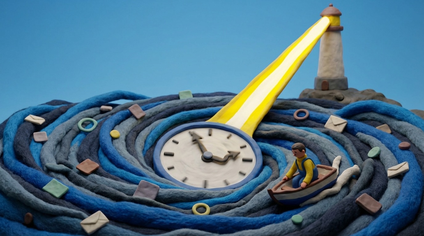 A stylized clock face with hands spinning wildly, surrounded by a whirlpool of small, indistinct tasks and notifications, pulling a tiny, overwhelmed boat towards its center. Above the whirlpool, a calm, clear sky with a single, large, focused lighthouse beam cutting through. The whirlpool is dark and chaotic, while the lighthouse and sky are bright and guiding. Full shot, emphasizing the struggle against overwhelming tasks.