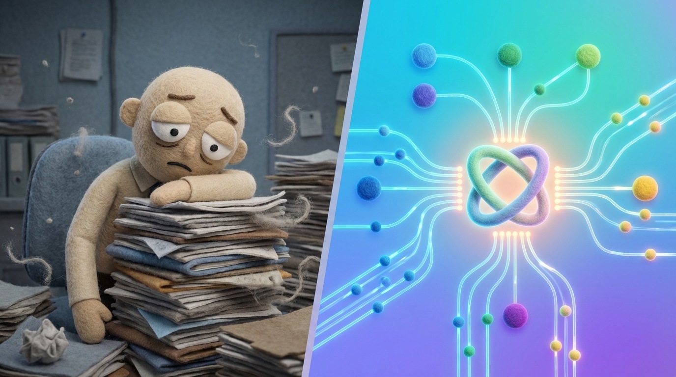 A split screen showing two contrasting scenarios. On the left, a stylized illustration of a human employee looking tired and overwhelmed by a pile of paperwork. On the right, a clean, digital interface with glowing AI nodes efficiently processing data and tasks. The mood is illustrative, highlighting the benefits of AI automation with a palette of muted, tired colors on the left and bright, energetic colors on the right. The composition is a clear comparison.