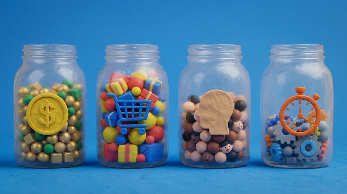 Four distinct, transparent glass jars, each labeled with a simple icon representing a data category: a currency symbol for financial, a shopping cart for sales, a stylized head for customers, and a stopwatch for operations. Each jar is filled with colorful, distinct data points (small spheres or cubes) up to different levels, illustrating the varying amounts and types of critical business information. The background is clean and minimalist, emphasizing the jars.