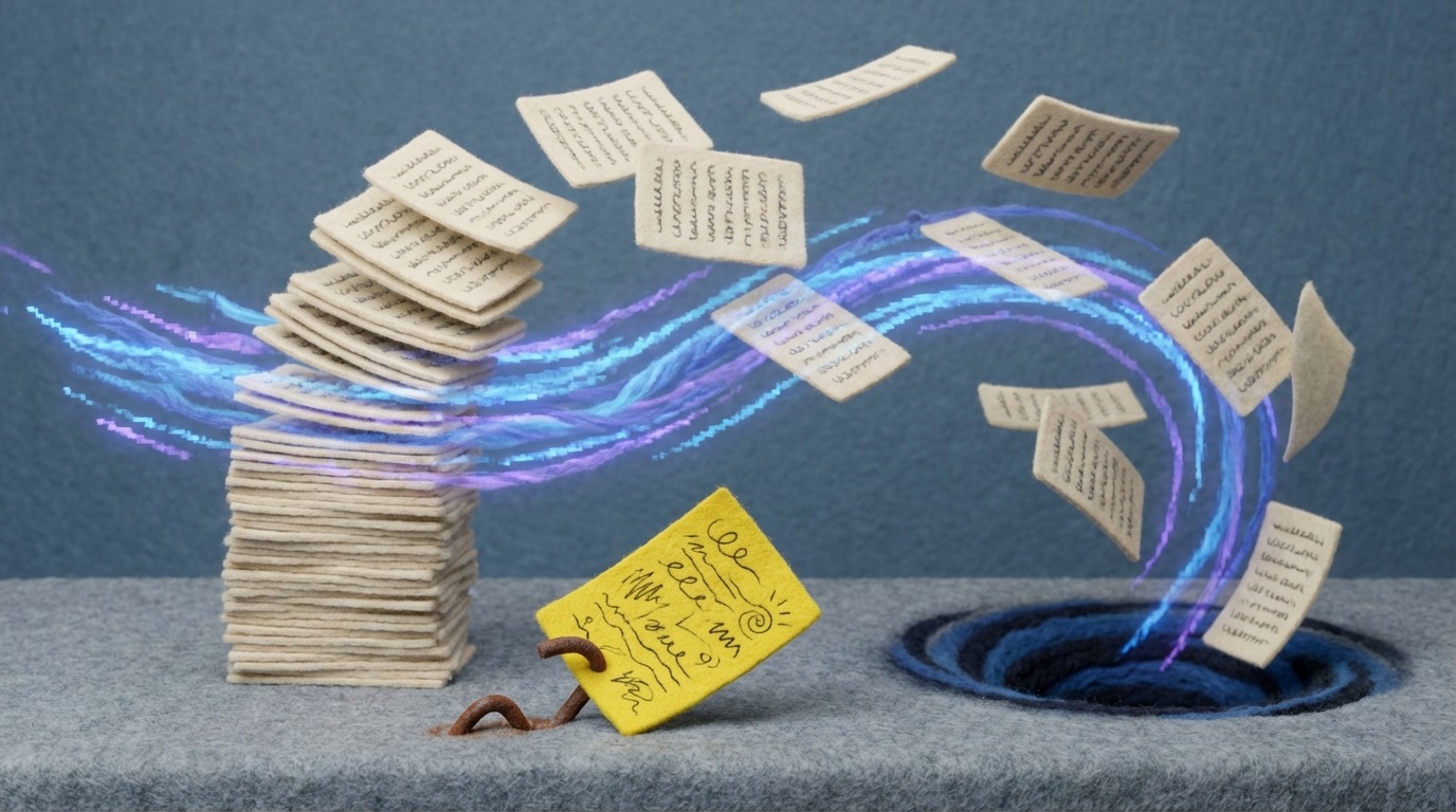 A stack of identical, mass-produced product description sheets, all with the same generic text, being blown away by a strong digital wind. A few sheets are falling into a dark, swirling vortex, while one sheet, with unique, handwritten notes, is clinging to a small, solid anchor. A sense of being overlooked and lost. Muted background colors, with a bright, unique sheet.