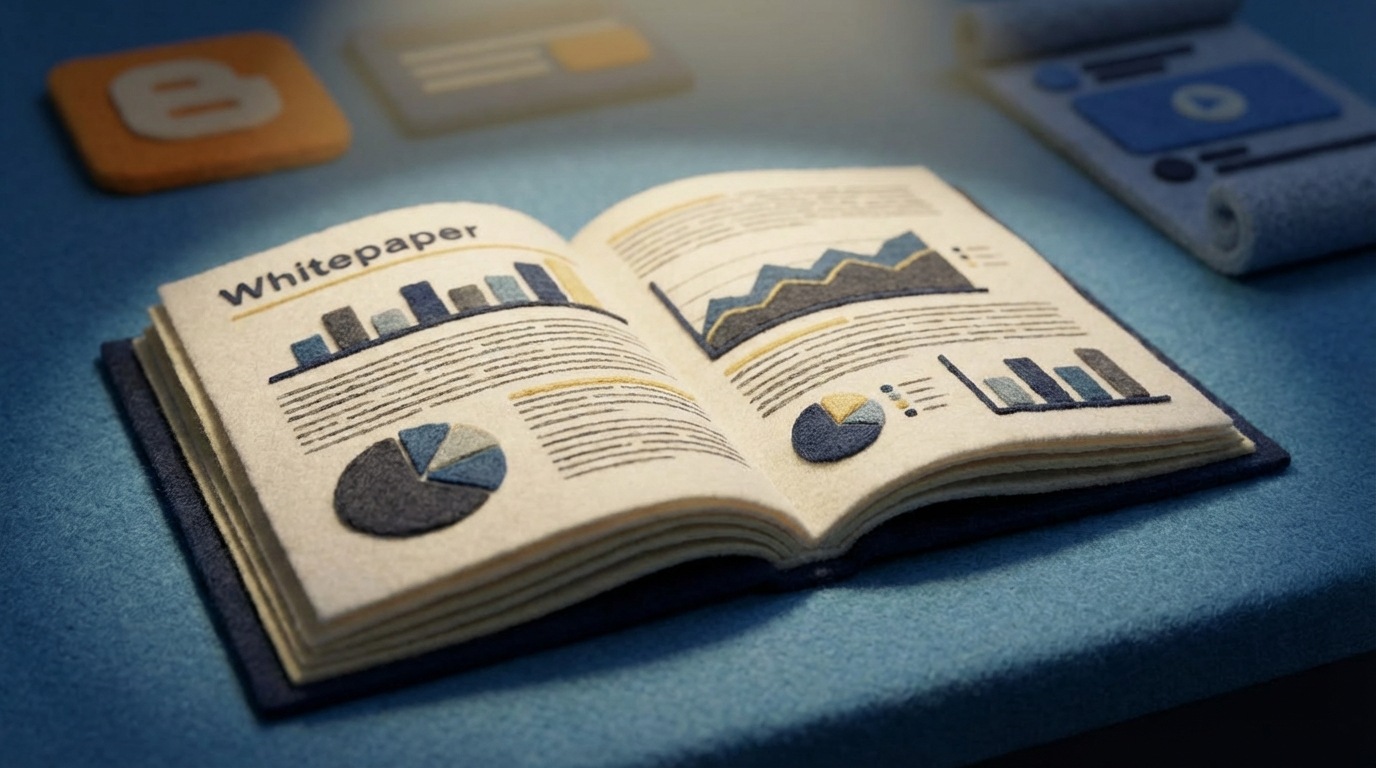 A thick, authoritative whitepaper or research report lies open on a clean desk, revealing detailed data visualizations and dense text. A spotlight effect illuminates the document, emphasizing its importance and depth. Surrounding the document, subtly blurred in the background, are hints of other, less detailed content forms, such as a short blog post icon or a social media feed. The focus is entirely on the detailed, central document. The color palette is serious and academic, with deep blues, grays, and subtle highlights, reinforcing the sense of gravitas.