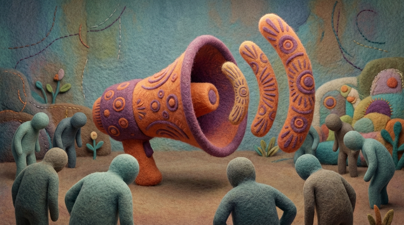 A stylized, abstract representation of a single, large, self-focused speaker or entity dominates the center, emitting numerous, loud, and repetitive "Me, me, me" or "We are great!" messages (represented by simple, repetitive symbols). In the background, several smaller, abstract figures (representing an audience) are subtly turning away or showing disinterest, their attention drifting to other, more engaging sources. The composition highlights self-centered communication and its negative impact, with a slightly overwhelming and uninviting color palette.