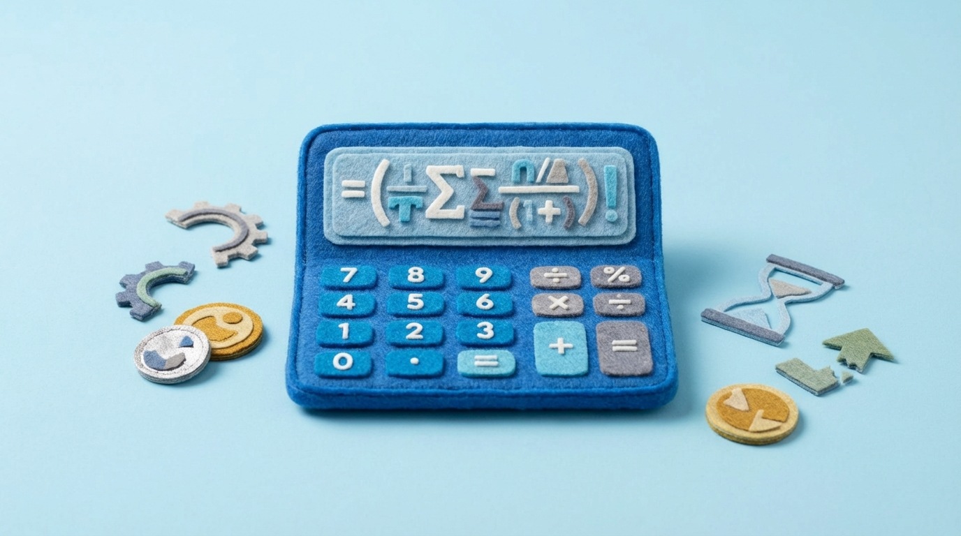 A digital calculator display showing a complex financial formula with various symbols and numbers, representing different cost components. Around the calculator are a few scattered coins and small, abstract representations of lost opportunities or resources. The overall color scheme is cool and analytical, with focus on precision and data. A sense of methodical calculation.