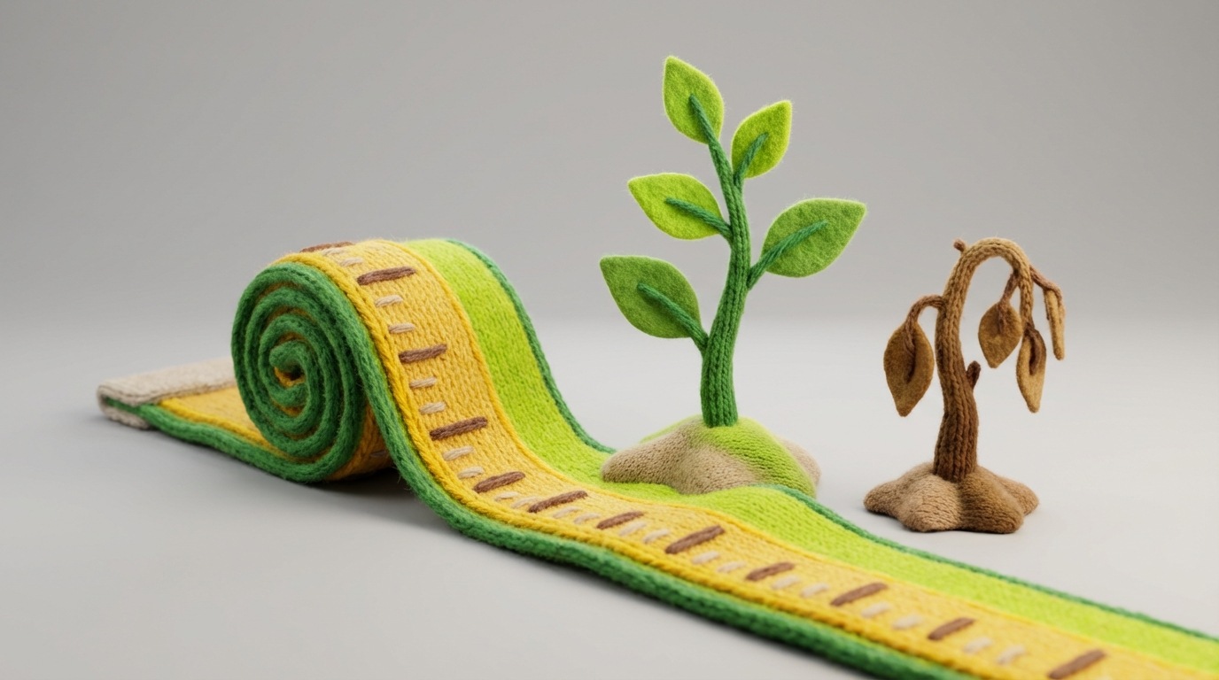 A stylized ruler or measuring tape unrolling across a flat surface, with various data points marked along its length. Next to it, a small, vibrant green sapling is growing steadily, contrasting with a withered, brown sapling nearby. The composition suggests careful measurement leading to successful growth. The color palette is bright and optimistic, with green and yellow accents against a neutral background. The mood is one of precise evaluation and positive outcome.