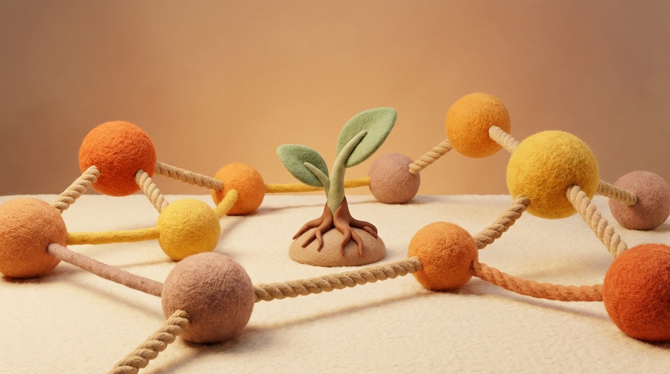 A visual representation of a strong, interconnected network. Nodes representing team members are linked by thick, solid lines, symbolizing trust and collaboration. In the center, a stylized sprout grows upwards, representing growth and development. The color palette is warm and inviting, with oranges, yellows, and soft browns.