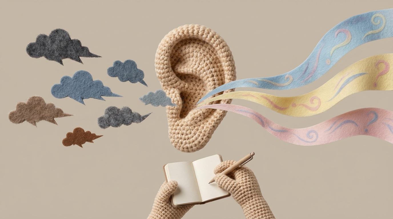 A large, stylized ear graphic is centrally placed, receiving input from various sources. On one side, small, agitated cloud shapes with jagged lines and muted colors float towards the ear, representing customer complaints. On the other side, colorful, flowing ribbons with subtle question marks and light, ethereal patterns waft in, symbolizing unspoken desires and needs. A hand (faceless) holds a small notebook and pen, diligently capturing these inputs. The background is a soft, neutral tone, allowing the vibrant and muted elements to stand out, emphasizing the act of active listening.
