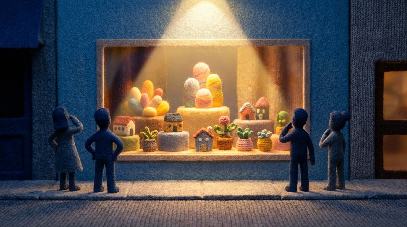 A spotlight shining brightly on a single, prominent display window of a store. Inside the window, a captivating and beautifully arranged display immediately draws the eye, hinting at the quality and value of what's inside the store. Passersby are shown pausing, their silhouettes looking intrigued and drawn towards the display, symbolizing the immediate attention-grabbing power of a well-designed first screen. The lighting creates a sense of allure and importance, with a soft, inviting glow.