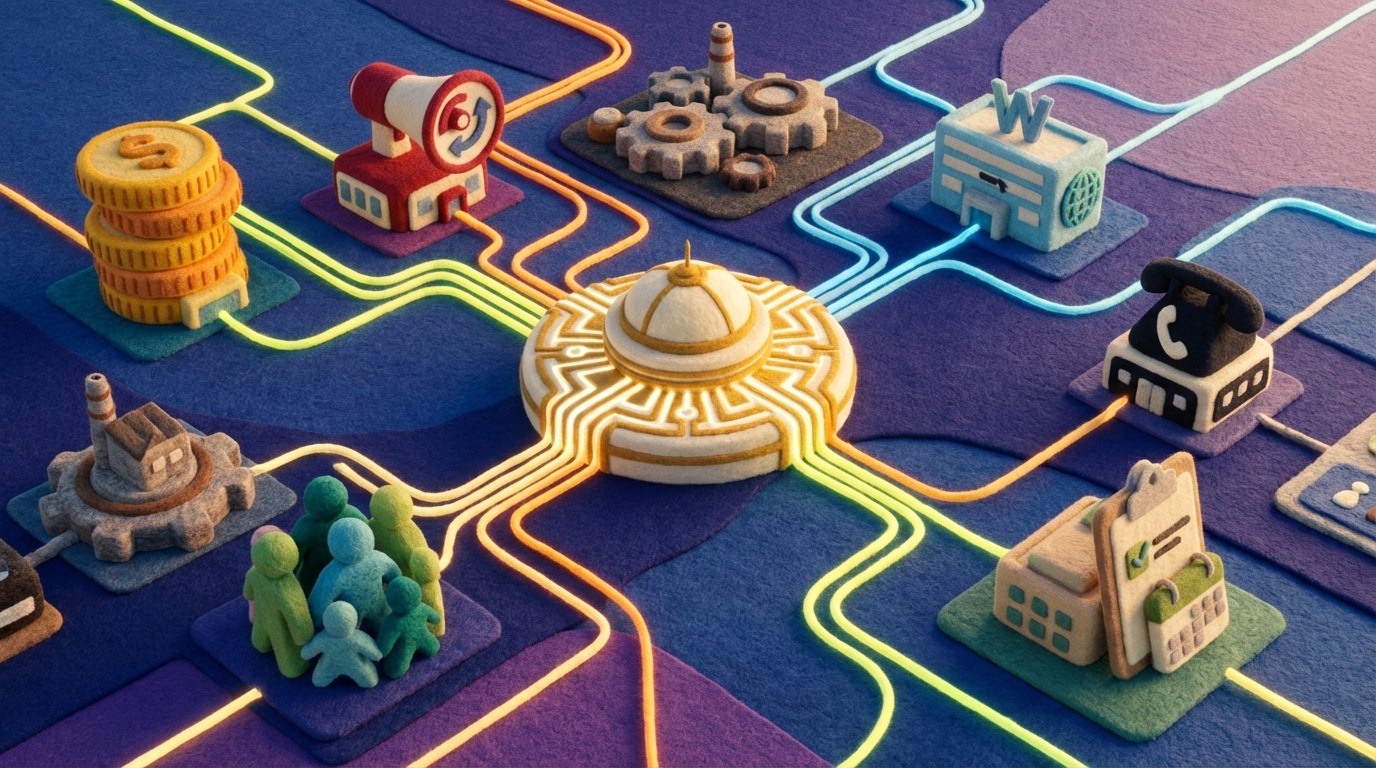 An expansive, interconnected digital cityscape or network, with various distinct buildings and nodes representing different departments (e.g., sales, marketing, production, HR) and functions (e.g., website, telephony, project management). All these elements are linked by glowing pathways, converging into a central, prominent hub. The overall impression is one of a vast, yet harmoniously integrated system. A deep blue and purple color palette with bright, energetic connecting lines. High-angle, wide shot.