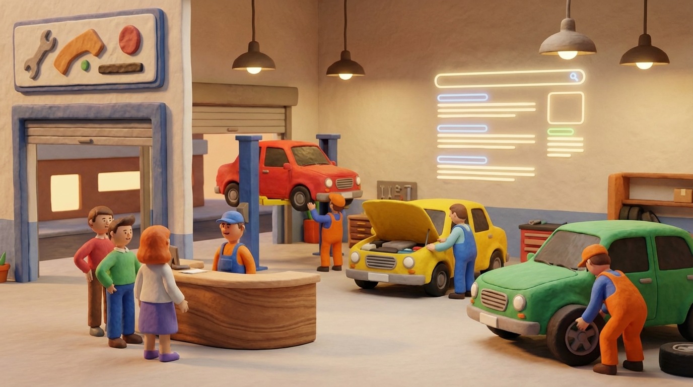A bustling local auto repair shop, seen from a slightly elevated angle, with several cars in various stages of repair. Mechanics in overalls are actively working, and a small group of customers are visible near a reception desk. The shop exterior has a clear, visible sign. The overall atmosphere is one of efficiency and activity. A subtle, glowing overlay of a search results page is visible in the background, hinting at the source of new business. Warm, practical lighting fills the scene.