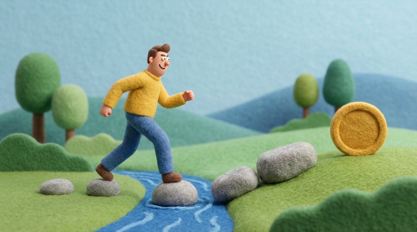 A series of progressively larger stepping stones leading across a small stream. A stylized figure has already confidently stepped onto the first small stone and is looking towards the next, slightly larger one. The stream represents the initial hurdle, and the stones symbolize increasing commitments. The background is a peaceful natural setting with soft greens and blues. The composition illustrates the idea of taking small, manageable steps that build confidence for bigger actions, leading to a larger goal on the other side.