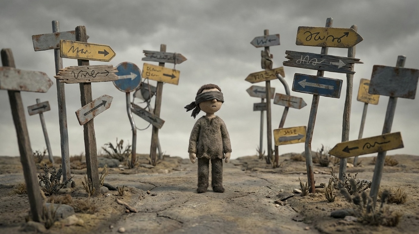 A person stands blindfolded at a crossroads, surrounded by confusing, overlapping road signs pointing in random, nonsensical directions. Some signs are broken or unreadable. The setting is a dusty, neglected path under a dull, overcast sky, conveying a sense of frustration and lack of clear guidance. The color palette is muted, with grays, browns, and faded yellows.