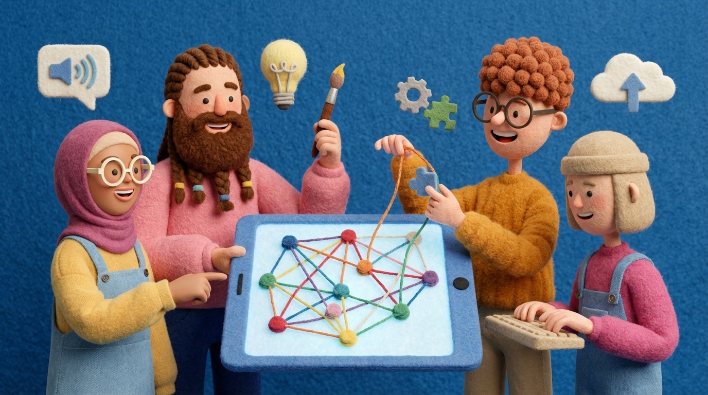A stylized illustration depicting a diverse group of people with different backgrounds and skill sets collaborating on a complex digital project. Icons representing communication, creativity, and problem-solving are integrated into the scene, highlighting the value of varied expertise in the IT field. The overall mood is collaborative and forward-thinking.