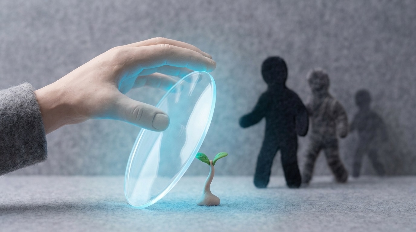 A hand gently placing a clear, transparent shield in front of a small, vulnerable object. The shield glows softly, providing protection. In the background, faint, shadowy figures representing common fears or risks are receding. The overall mood is one of safety and reassurance. Soft, diffused light with a cool, protective blue hue for the shield. Close-up on the hand and shield, with the background slightly out of focus.