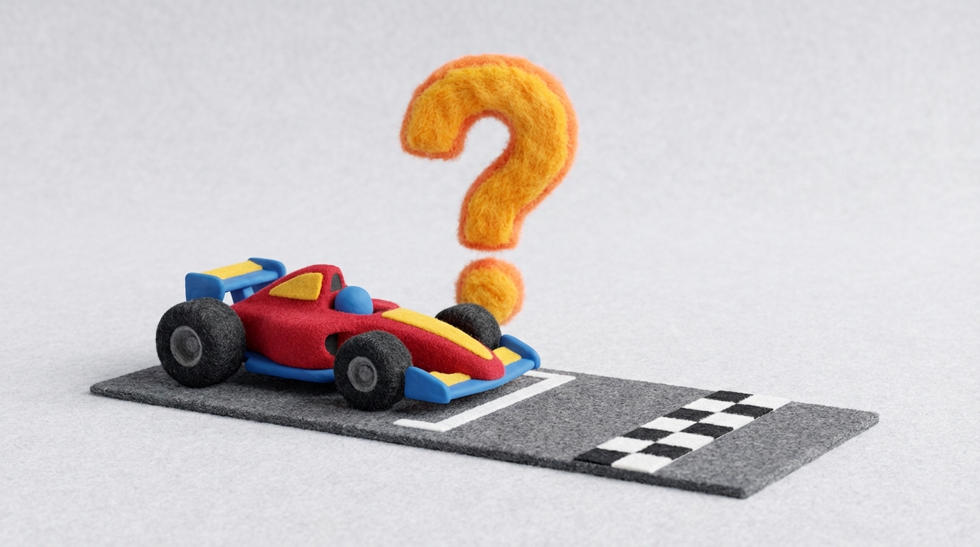 A dynamic illustration showing a stylized race car, simplified and sleek, positioned at a starting line. Instead of a full track, the car is on a short, initial segment of road with a finish line just a short distance away, emphasizing a quick, preliminary test run before a grand race. Behind the car, a large, abstract question mark hovers. The mood is energetic and anticipatory, with bright, contrasting colors like reds, blues, and yellows against a clean, light gray background.