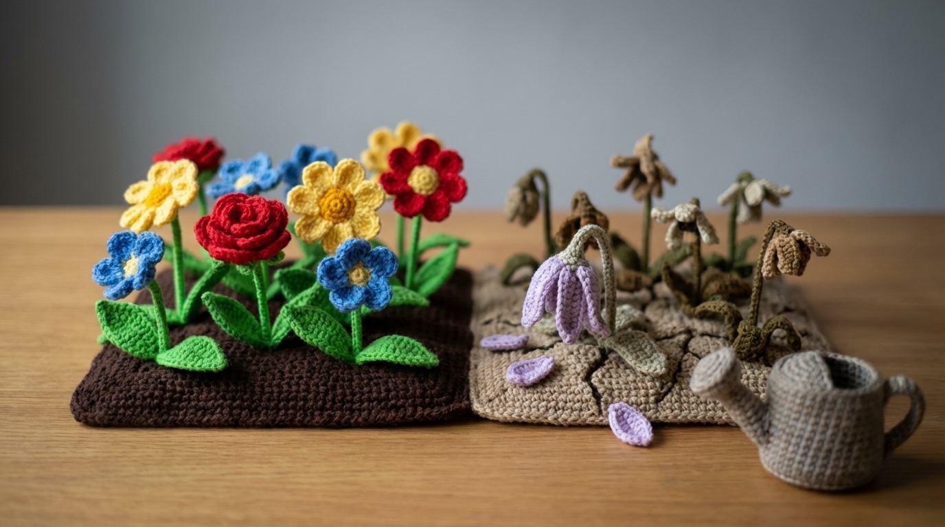 A small, vibrant garden patch with several healthy, blooming plants. However, one corner of the garden is neglected, with wilted flowers and dry soil, indicating a lack of ongoing care. A single, distinct plant in that corner is visibly drooping and losing its petals. The scene metaphorically represents the neglect of existing customers after a sale, leading to their eventual departure. Soft, natural lighting with a hint of sadness in the neglected area.