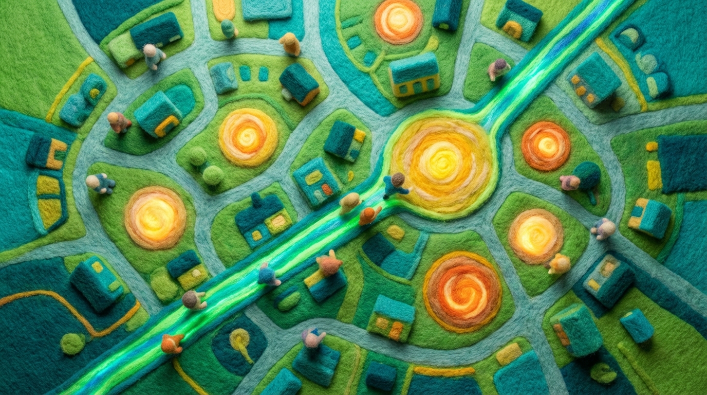 A map of a small, vibrant town or neighborhood, viewed from above. Several glowing circles on the map represent local businesses. A few abstract figures with glowing paths are shown moving directly towards one of the circles, while others are wandering aimlessly. The path to the targeted business is clearly highlighted, symbolizing effective local targeting. Bright, friendly color palette with green and blue tones.