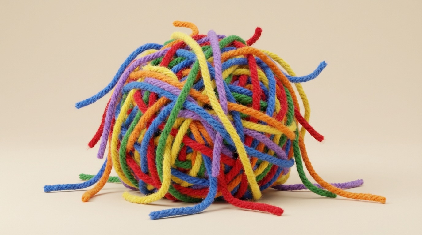 A tangled ball of brightly colored yarn, with multiple loose ends sticking out in every direction, lying haphazardly on a plain, light-colored surface. There's no discernible pattern or starting point, conveying a sense of aimlessness and disorganization. The colors are cheerful but the overall composition feels chaotic and unproductive. The mood is one of wasted effort and lack of direction.