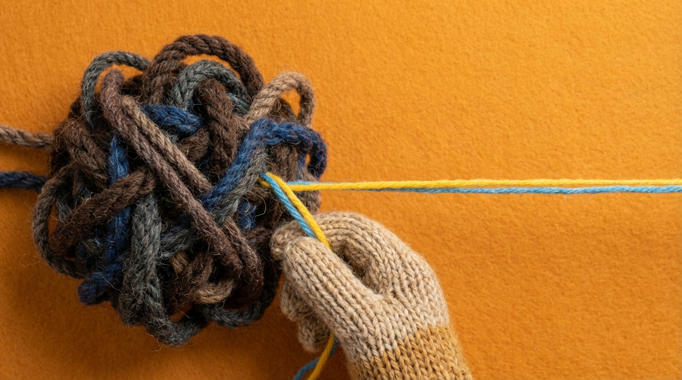 A complex, tangled knot of dark, intertwined ropes or lines, positioned on the left side of the frame. A single, calm, and steady hand is gently working to unravel a part of the knot, revealing a smooth, straight, brightly colored thread emerging from the chaos and extending to the right. The background is simple and uncluttered, focusing attention on the action of problem-solving. The color palette transitions from dark, complex tones in the knot to a clear, hopeful color for the unraveled thread, symbolizing resolution and clarity.