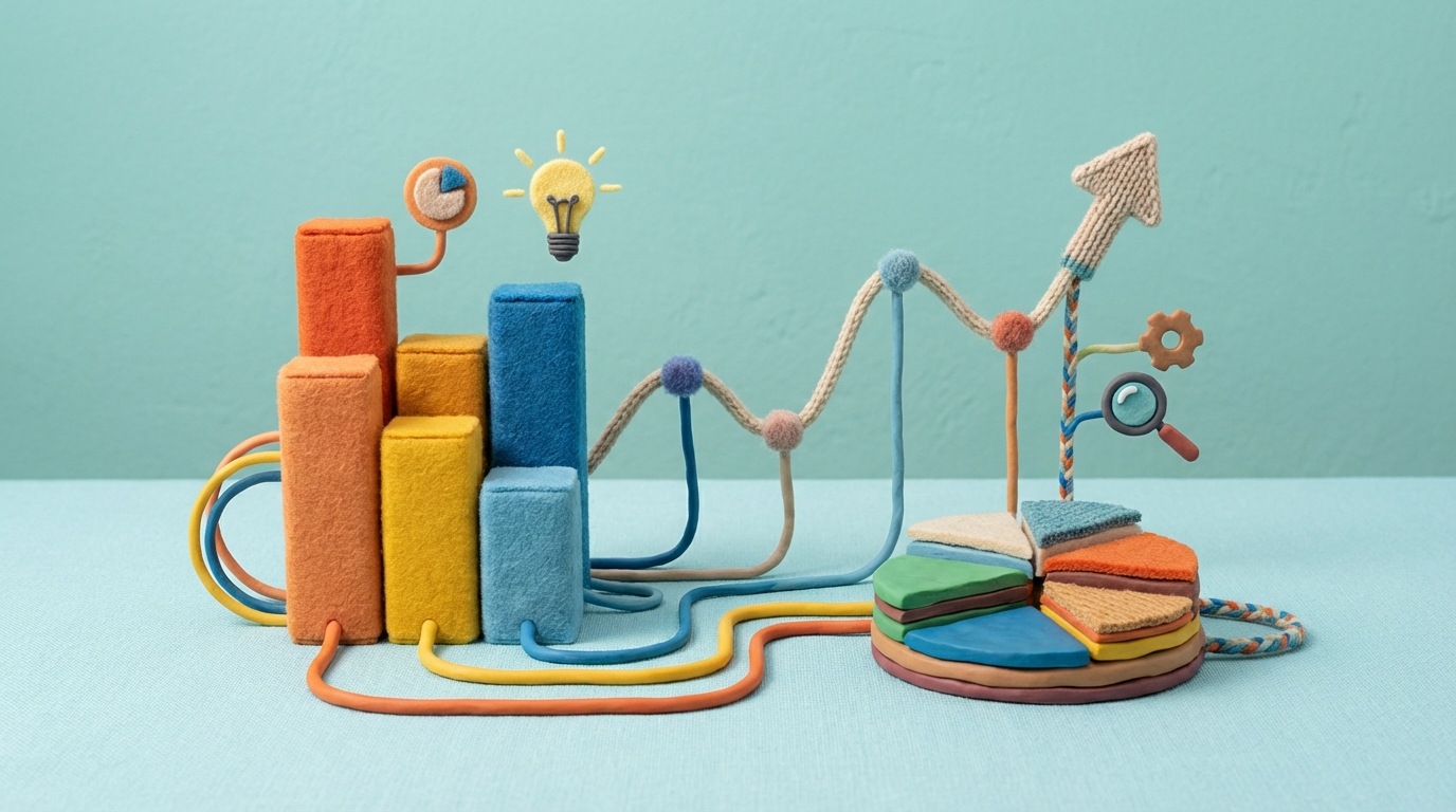 A series of interconnected charts and graphs representing data analysis and insights. This could be a stylized dashboard showing user behavior, conversion rates, and campaign performance, emphasizing data-driven decision-making.