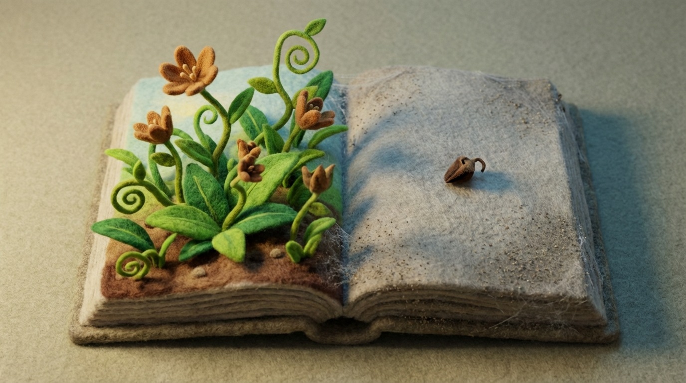 A large, stylized, open book or ledger, with one side showing a vibrant, growing plant reaching upwards, symbolizing potential growth. The other side is completely blank and dusty, with a single, small, withered seed lying on it, representing missed opportunity and stagnation. A subtle shadow falls over the blank side. The colors on the growing side are fresh greens and warm browns, contrasting sharply with the pale, desaturated tones of the neglected side. The perspective is slightly overhead, looking down at the stark contrast.