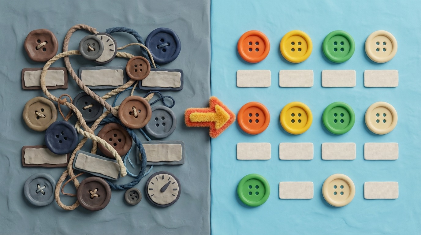 A split composition. The left side shows a user interface with cluttered buttons and confusing navigation, rendered in a dull color palette. The right side displays a clean, intuitive interface with clearly labeled buttons and a logical flow, using a bright and friendly color scheme. A subtle arrow moves from left to right, indicating improvement.