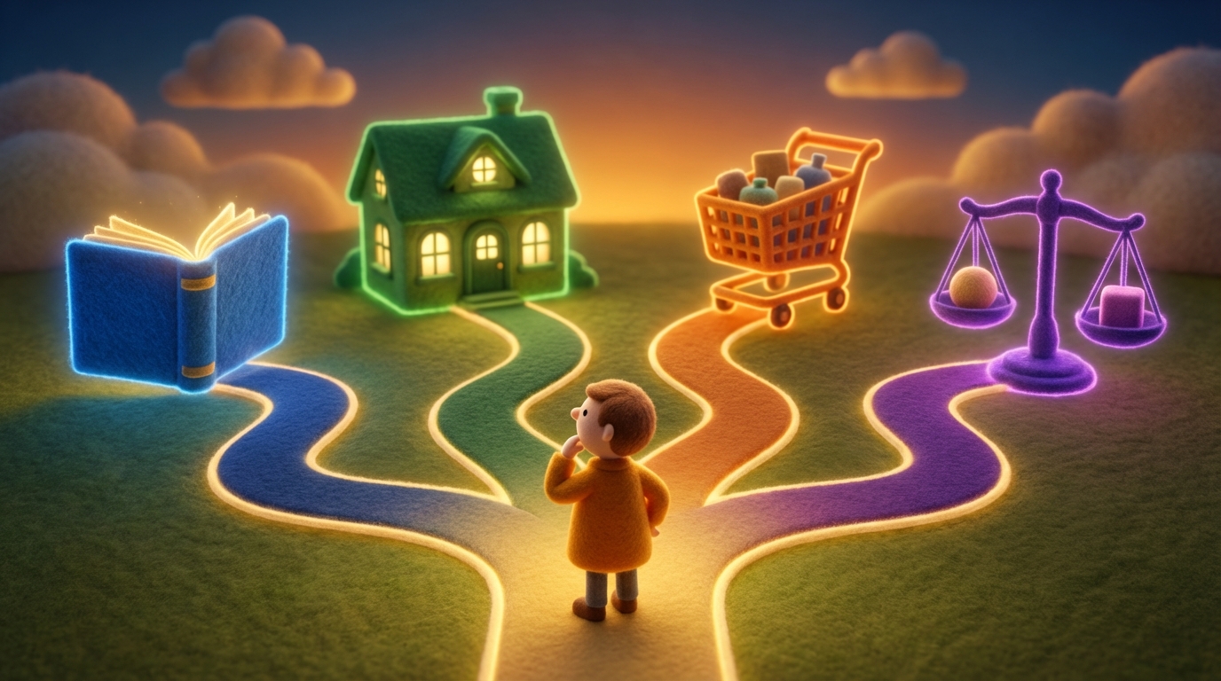 A stylized, glowing pathway diverging into four distinct, clearly labeled paths. One path leads to an open book (Informational), another to a specific building (Navigational), a third to a shopping cart (Transactional), and the fourth to a set of scales balancing two items (Comparative). An abstract figure stands at the divergence, looking at the labels and choosing a path. The scene is clear and purposeful, with distinct colors for each path.