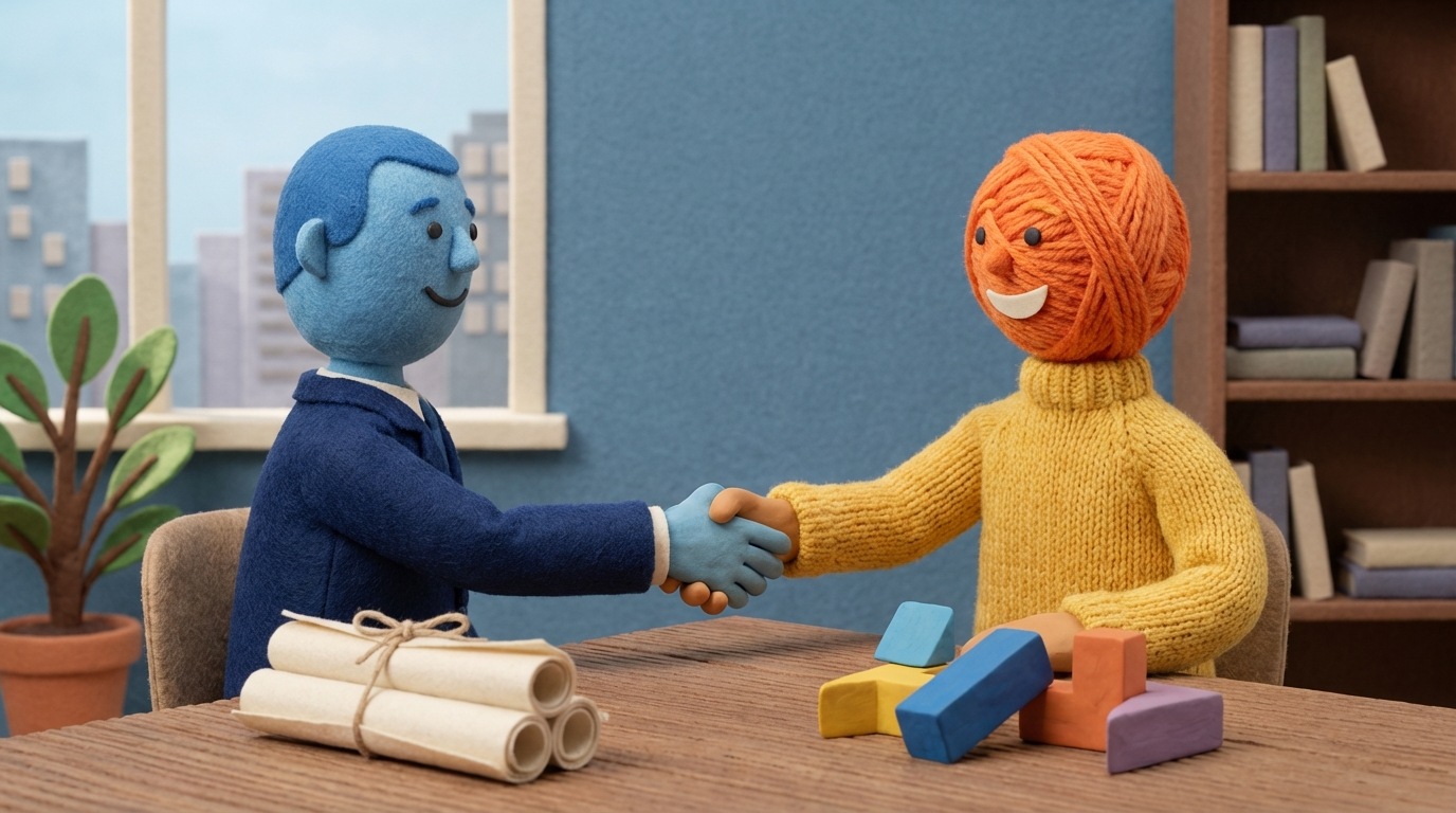 A stylized depiction of a business partnership. Two figures, representing a client and a service provider, are shaking hands across a table. On the table are documents and abstract representations of collaboration, such as interlocking shapes. The background is a professional office setting with a muted color palette.