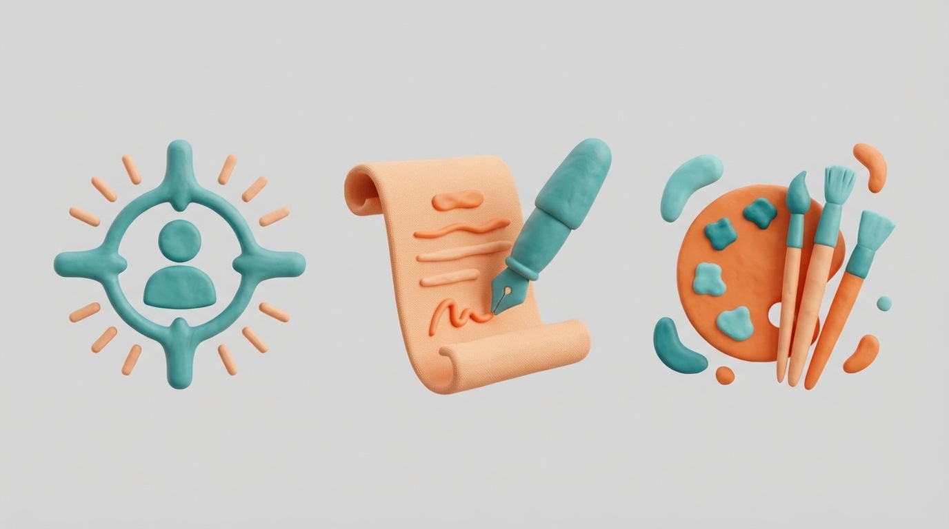 A composition showing three distinct figures on a neutral background. On the left, a stylized icon representing targeted advertising, with radiating lines pointing to a central silhouette. In the middle, a pen writing on a scroll, symbolizing copywriting. On the right, a palette with brushes and abstract shapes, representing graphic design. The figures are clean and modern, rendered in a consistent color scheme of teal and orange.