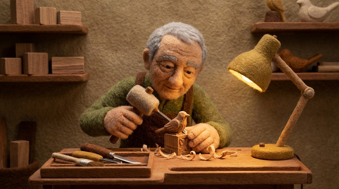 A skilled artisan carefully carving a detailed sculpture from a small, precious block of wood, using only a few essential, well-maintained tools. The workspace is neat and focused, emphasizing precision and resourcefulness. The light is warm and intentional, highlighting the intricate work. The mood is one of craftsmanship, dedication, and making the most of limited resources. Earthy tones dominate, with golden highlights.