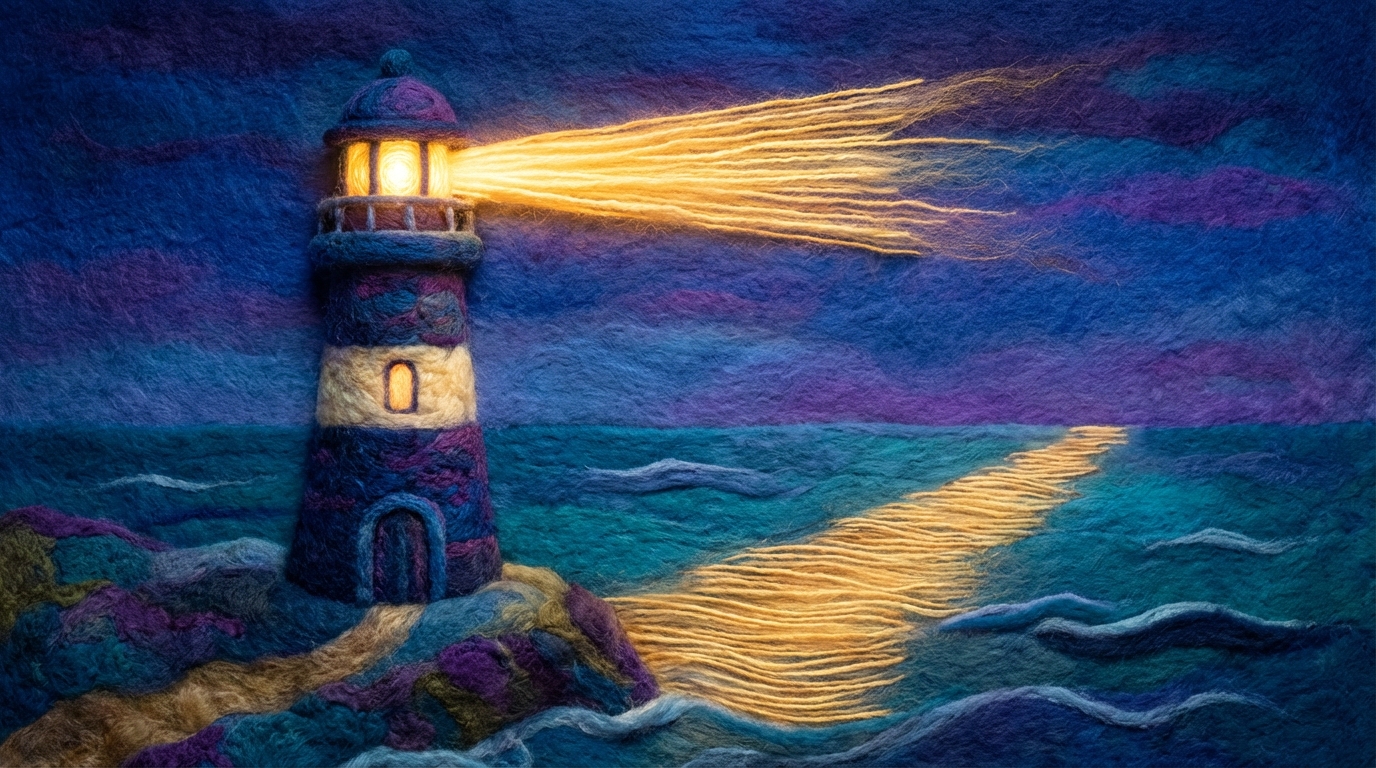 A large, stylized, glowing beacon or lighthouse, radiating warm, golden light across a calm, dark expanse. The light from the beacon illuminates a path directly in front of it, indicating clear direction. The overall atmosphere is inspiring and hopeful, symbolizing the core, motivating aspect of Objectives within the OKR system. The color palette is deep blues and purples for the background, with a bright, welcoming glow from the beacon.