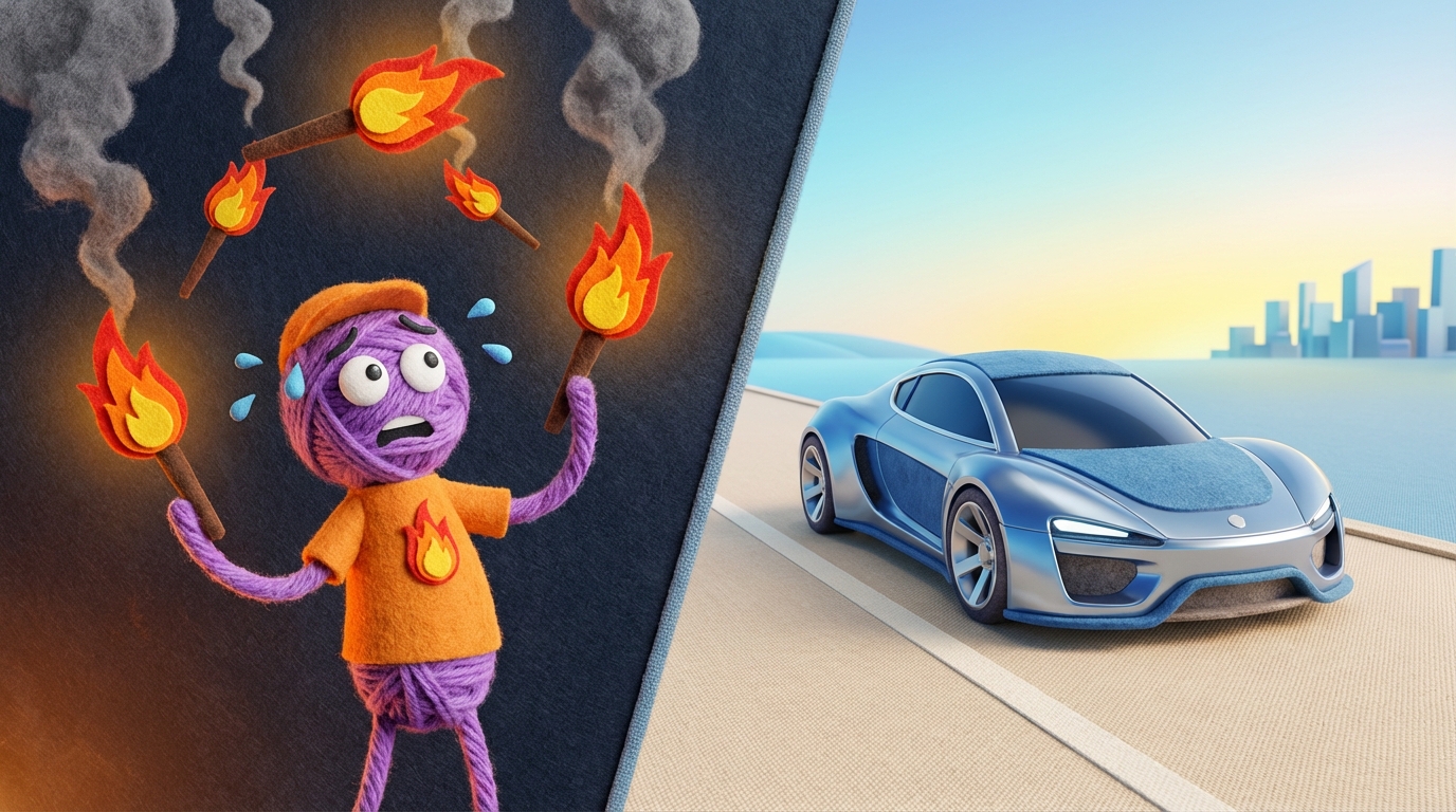 A split image with two distinct scenes. On the left, a person is frantically juggling multiple flaming objects, surrounded by smoke and a sense of urgency. On the right, a sleek, modern vehicle glides smoothly down a clear, open road towards a bright, prosperous horizon. The left side is dark and chaotic with warm, fiery colors, while the right side is bright and serene with cool, metallic tones. A clear visual contrast emphasizing the cost of inaction.