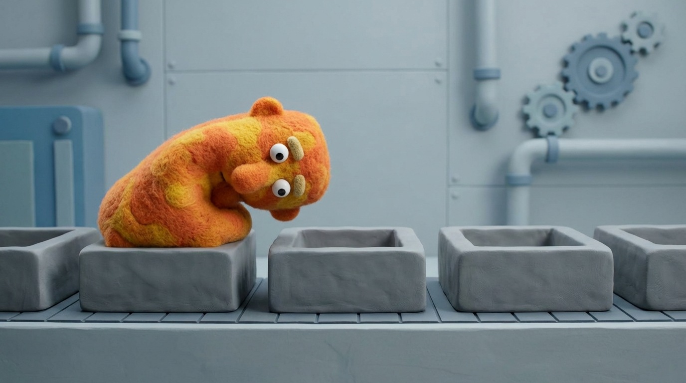 A series of identical, rigid, rectangular molds, all uniformly shaped. In the foreground, a single, unique, organically shaped object is attempting to fit into one of these molds but clearly doesn't conform, bending and struggling. The background is a sterile, industrial setting. The color palette is muted, with a stark contrast between the rigid molds and the struggling object. A feeling of misfit and forced conformity.