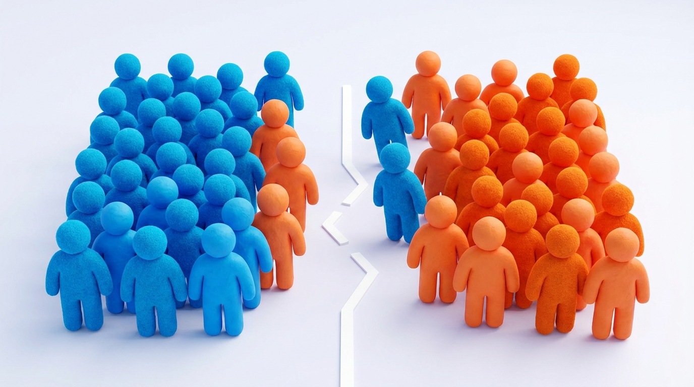 Two abstract groups of stylized human figures, one group colored bright blue and the other vibrant orange. The groups are initially separated by a clear, straight line. However, the line is subtly broken, allowing a few blue figures to drift into the orange group, and vice versa. This intermingling creates an uneven distribution, symbolizing biased or incorrect audience segmentation. The background is a soft, gradient white, highlighting the figures and their unintended mixing. The mood is slightly askew, indicating an error.