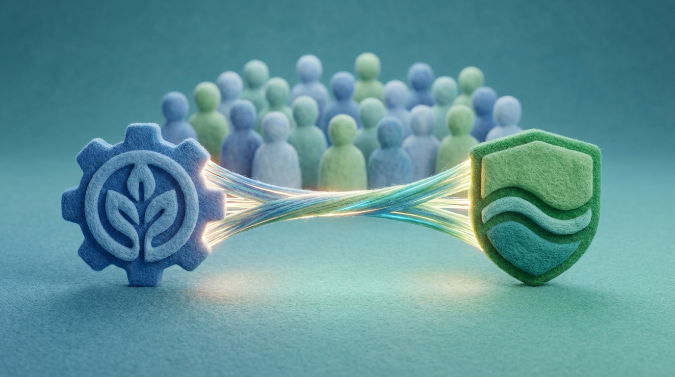 Two distinct, stylized company logos or emblems are prominently displayed, seamlessly intertwined or connected by a strong, elegant, and glowing bridge. In the background, a large, abstract audience (represented by a cluster of subtle, indistinct figures) is visible, observing the collaboration. The composition emphasizes synergy, mutual growth, and shared influence, with a warm, inviting light emanating from the connection point. The color scheme uses complementary corporate blues and greens.