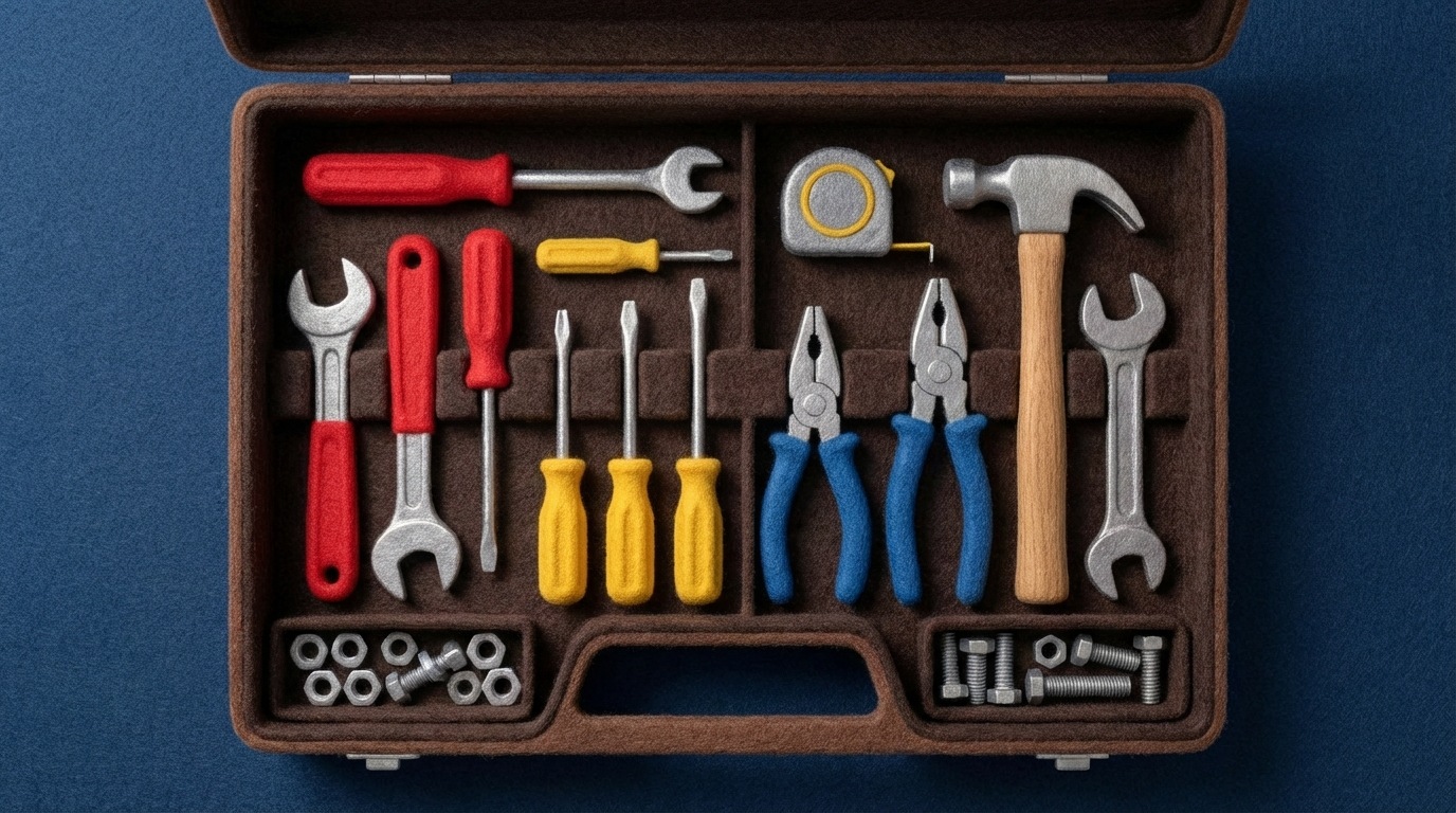 A bird's-eye view of a well-organized toolbox. Tools are neatly arranged in their designated slots. The metal of the tools has a slight sheen, and the toolbox itself is clean and practical. The background is a simple, dark surface. The mood is one of order, efficiency, and readiness for work.