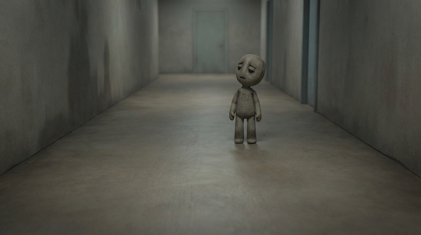 A long, empty corridor stretching into the distance. At the very end, a faint, almost invisible door. A lone figure stands in the middle of the corridor, looking towards the distant door, but there's no clear path or steps on the floor, giving a sense of stagnation and unfulfilled potential. The scene is rendered in muted, desaturated colors, emphasizing a lack of vibrancy and hope.