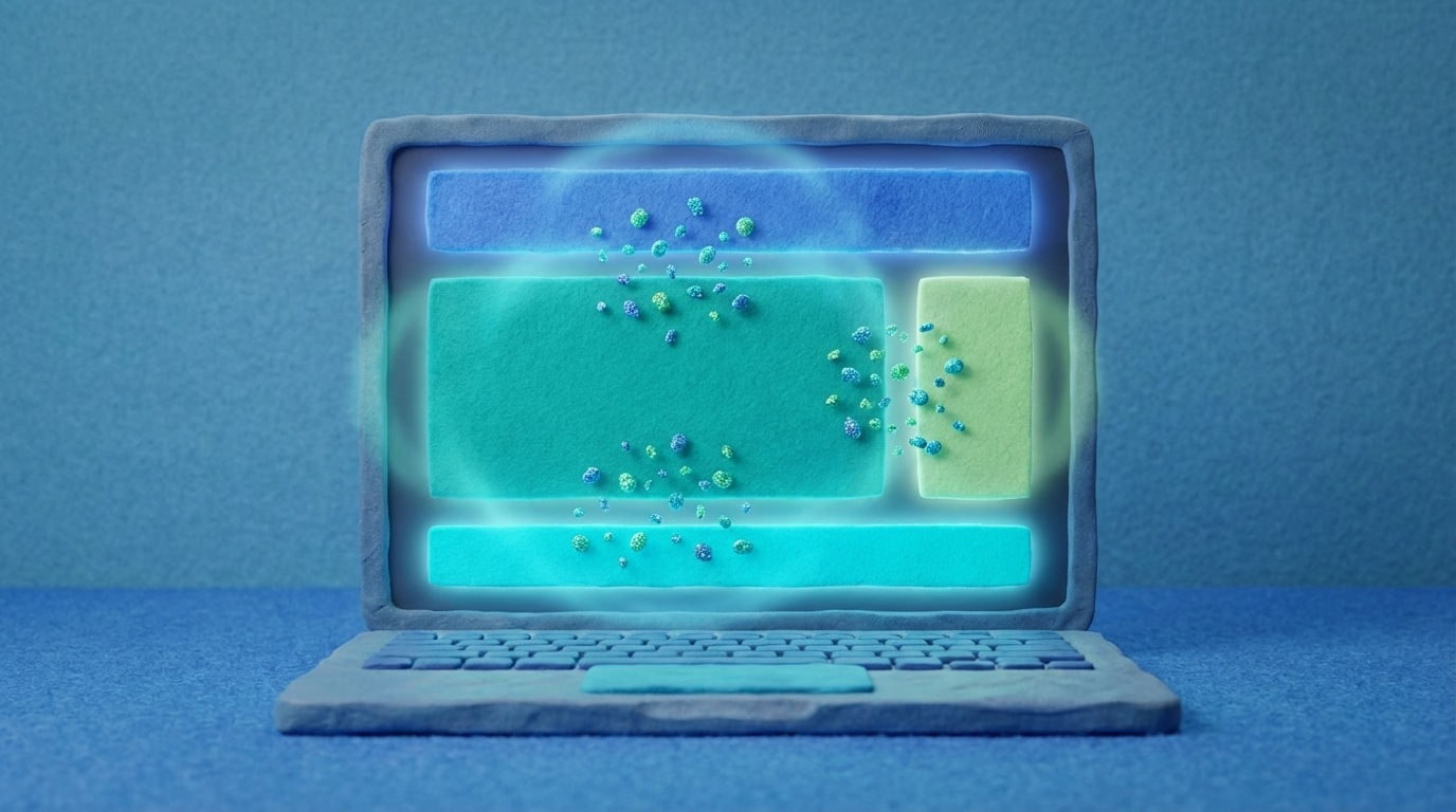 A stylized, open laptop screen displaying a website homepage. Each section of the website (header, main content block, sidebar, footer) has a subtle, glowing magnetic field emanating from it, attracting small, shimmering particles (representing targeted users). The overall impression is one of a well-optimized, inviting digital space that naturally draws in the right audience. A clean, modern aesthetic with a cool blue and green color palette.