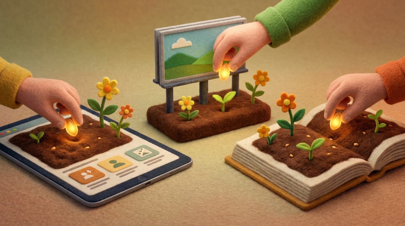 A stylized, glowing seed (representing a keyword) is being carefully planted in various digital environments: a website page, a small billboard representing an advertisement, and an open book symbolizing content. Each environment is depicted as fertile ground, ready to nurture the seed into a blooming plant (representing sales and leads). The mood is one of careful cultivation and growth, with a vibrant, earthy color palette and glowing elements.