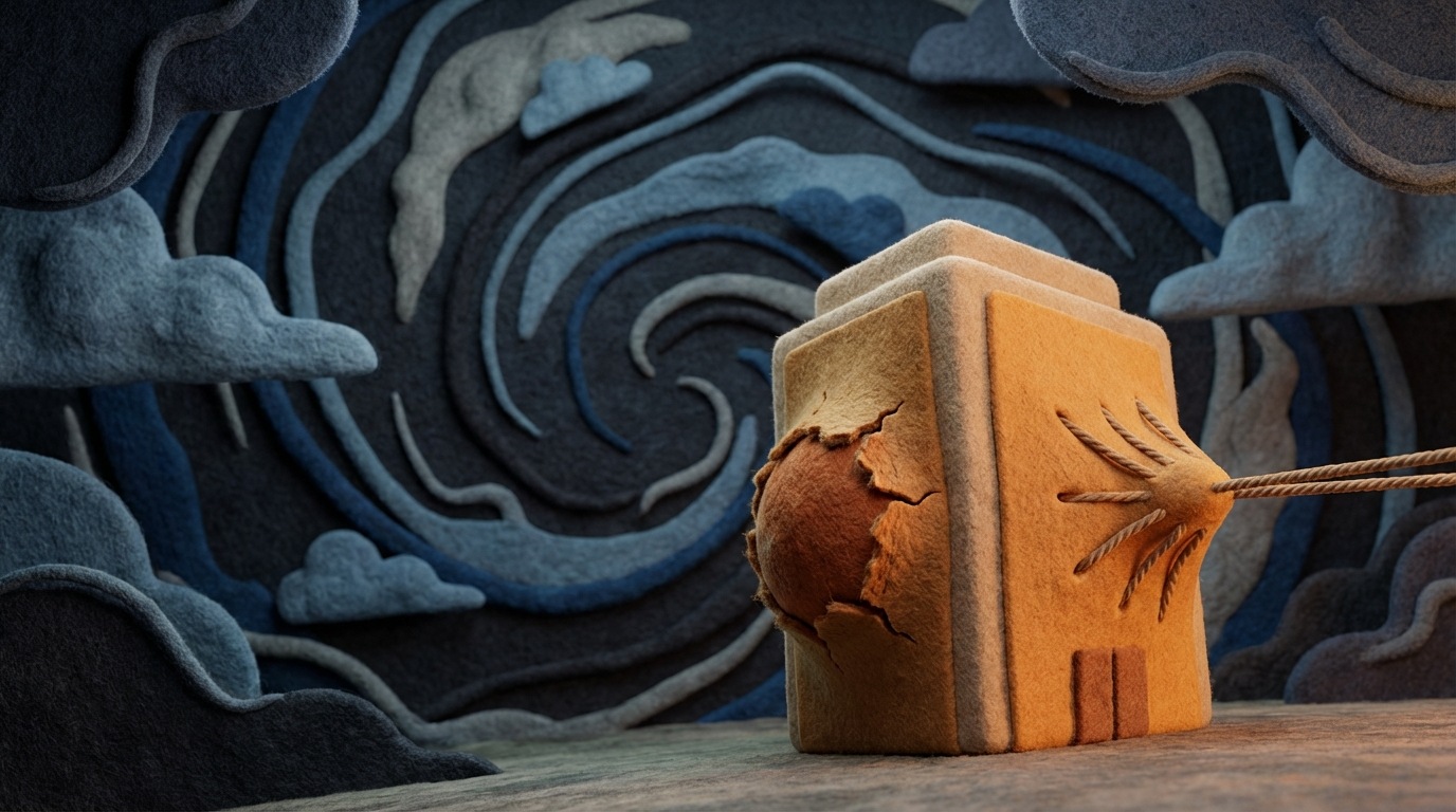 A chaotic, swirling background composed of abstract, dark clouds and fluctuating lines, representing external market turbulence. In the foreground, a single, stable, and well-defined structure (representing the company) stands firm, but with visible "pressure points" on its exterior, indicating where external factors like "Rising Material Costs" and "Increased Logistics" are impacting it. The color palette is dark and stormy in the background, contrasting with the more grounded, yet still affected, foreground structure.